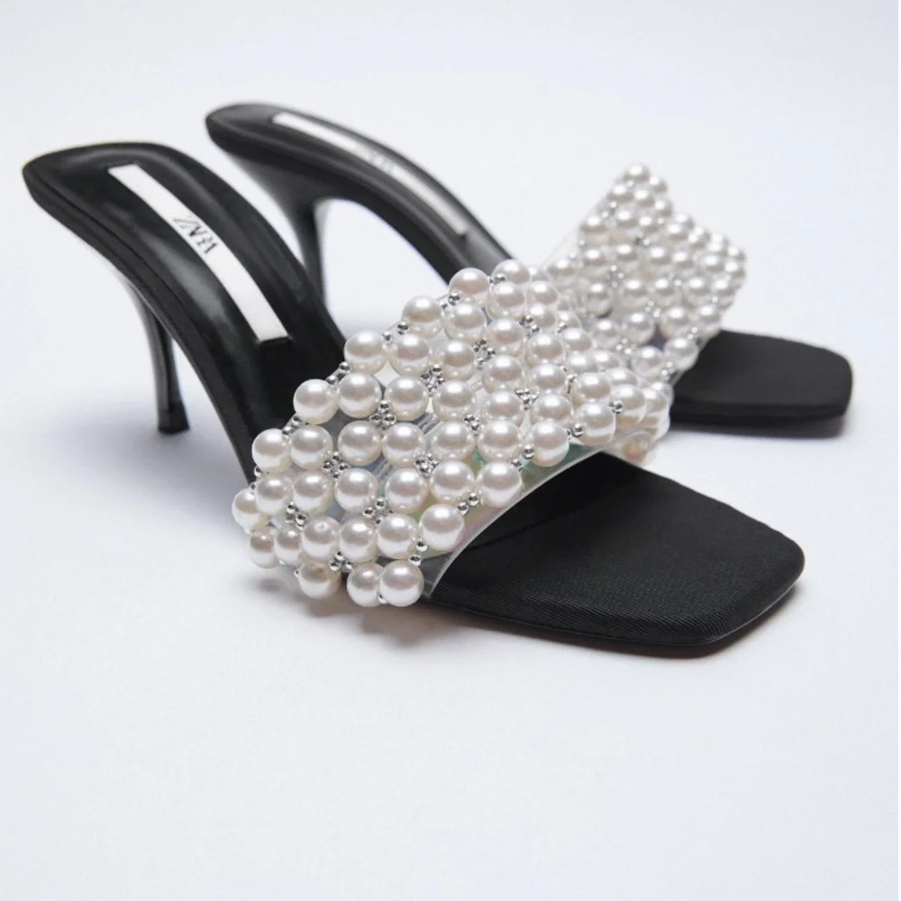 Zara Pearl Detail Square Toe Heel Sandals Size 9/40 - Picture 3 of 7